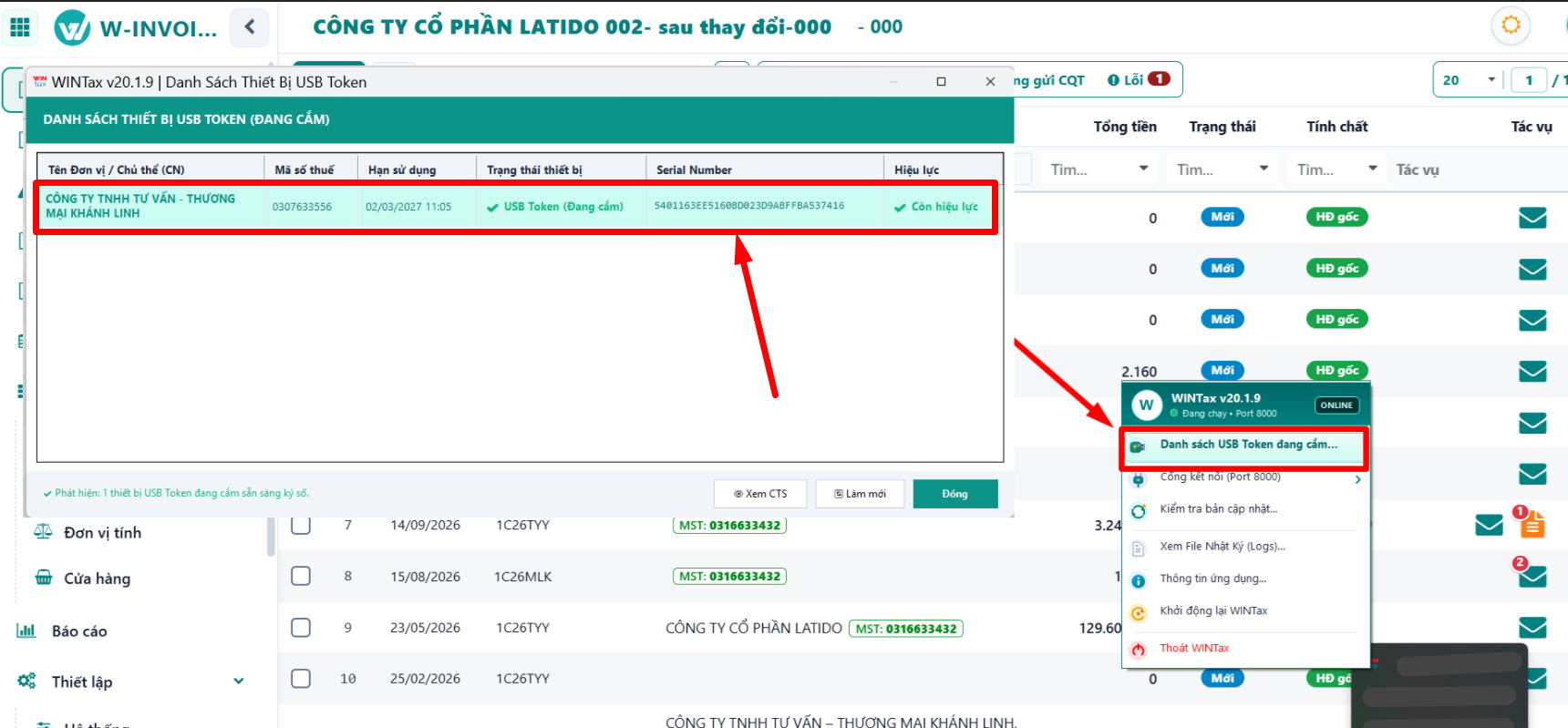 Cửa sổ Danh Sách Thiết Bị USB Token trong app ký số