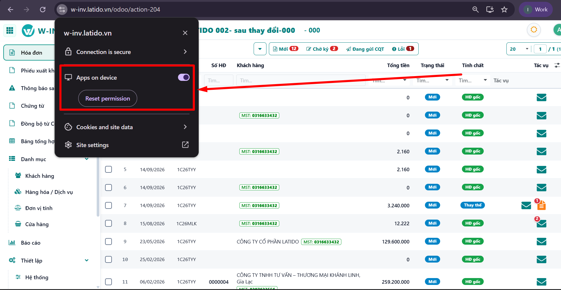 Bật quyền Apps on device cho website trên trình duyệt
