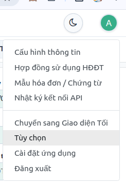 Nhấn vào biểu tượng tài khoản và chọn Tùy chọn trên W-INVOICE