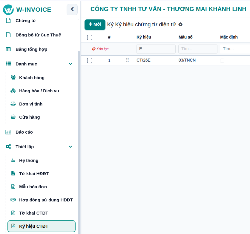 Danh sách Ký hiệu chứng từ điện tử trên W-INVOICE