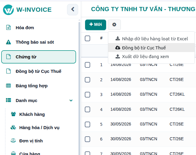 Thao tác mở Đồng bộ từ Cục Thuế trên danh sách Chứng từ