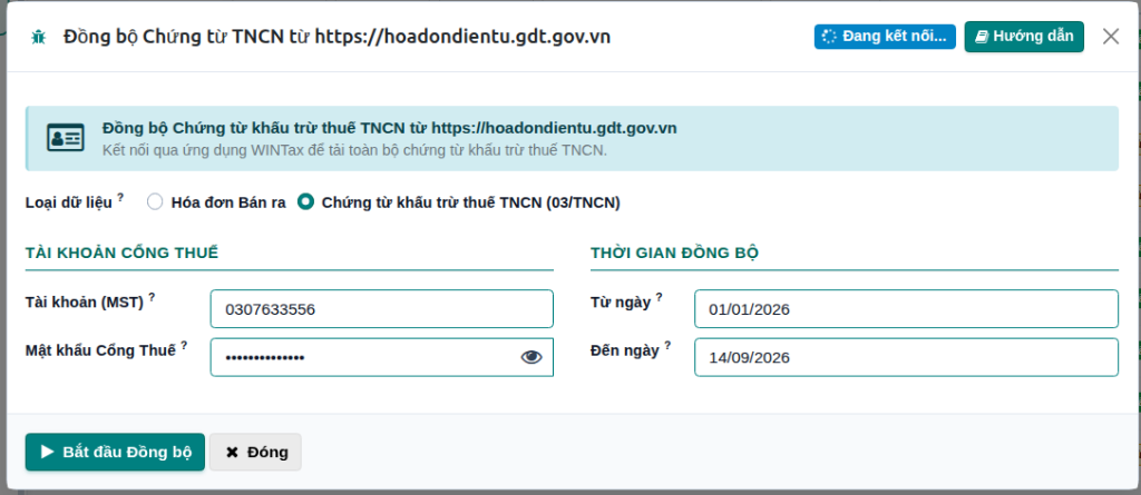 Cửa sổ popup Đồng bộ Chứng từ TNCN từ Cổng Cục Thuế