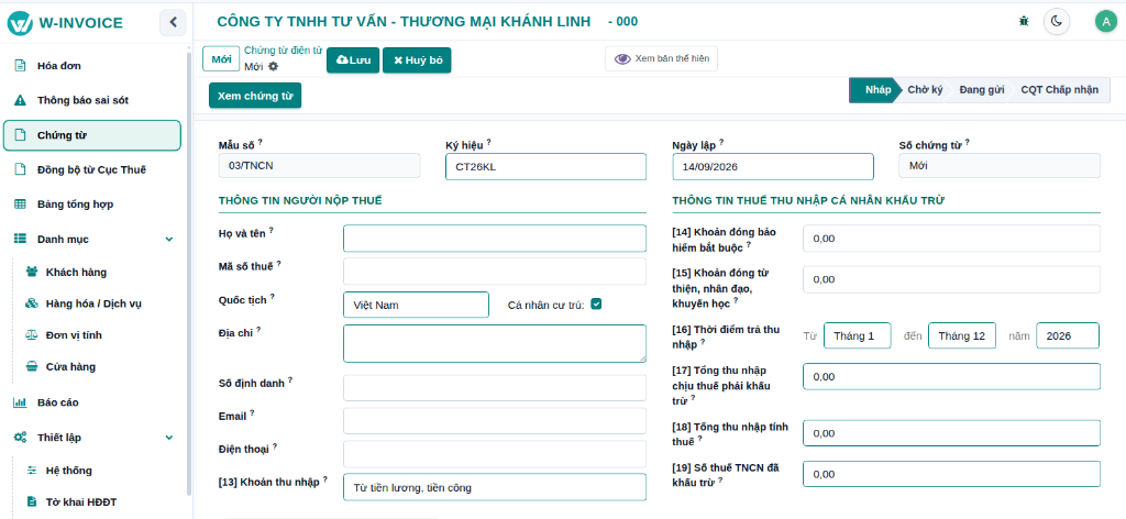 Màn hình nhập liệu Chứng từ khấu trừ thuế TNCN trên W-INVOICE