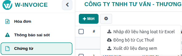 Nhấn chọn Nhập dữ liệu hàng loạt từ Excel trên danh sách Chứng từ
