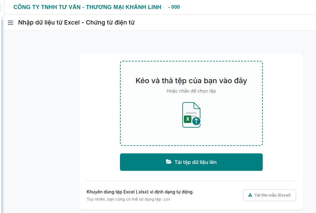Màn hình kéo thả hoặc tải tệp Excel Chứng từ điện tử lên hệ thống