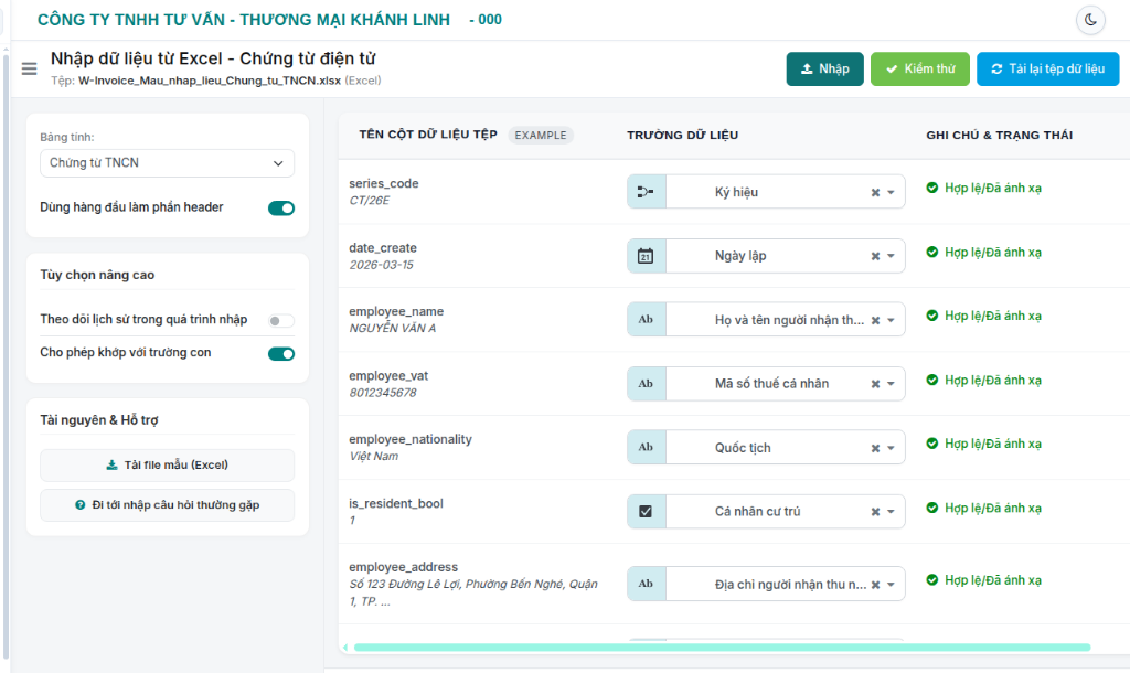 Màn hình ánh xạ trường dữ liệu Excel và nút Kiểm thử trên W-INVOICE