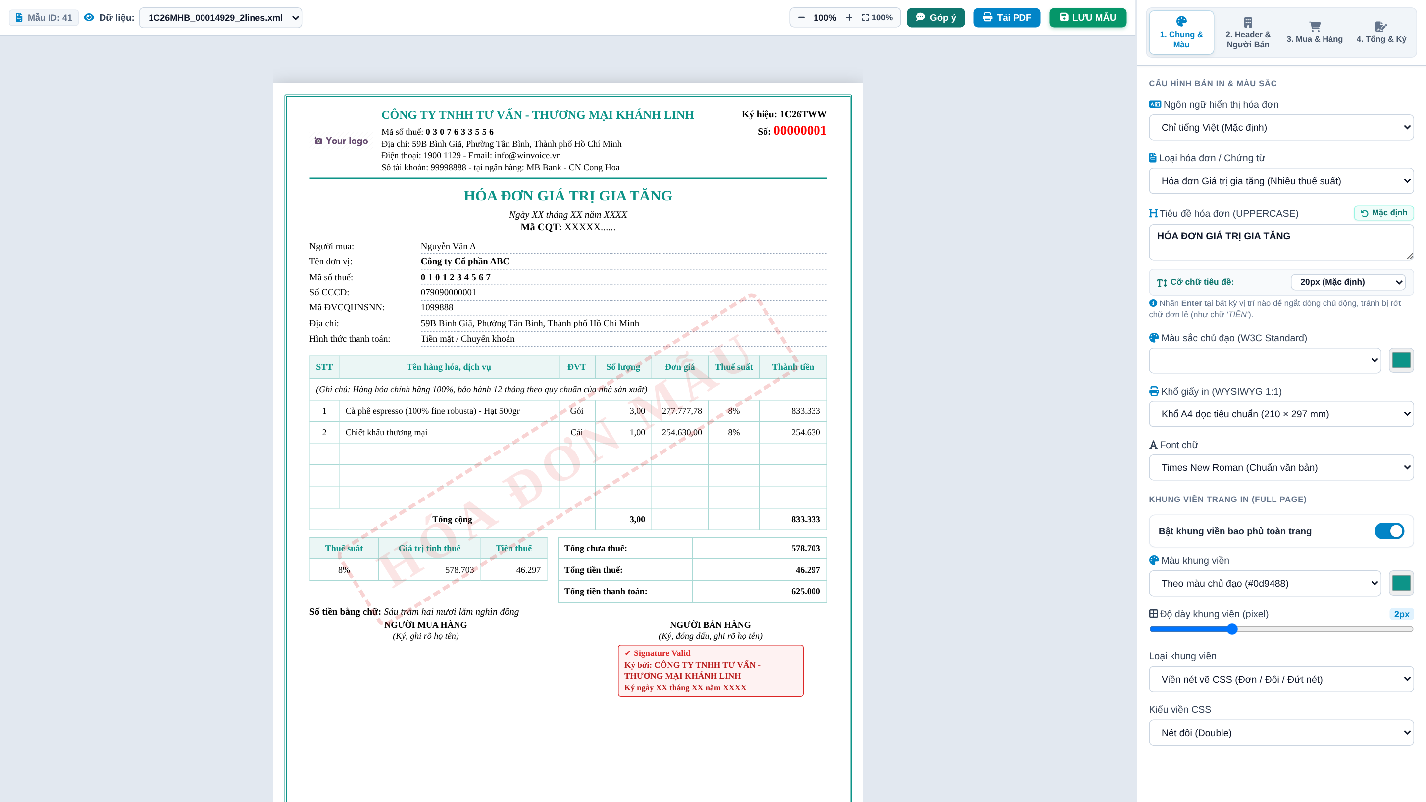 Tab 1: Chung và Màu sắc trên Template Designer
