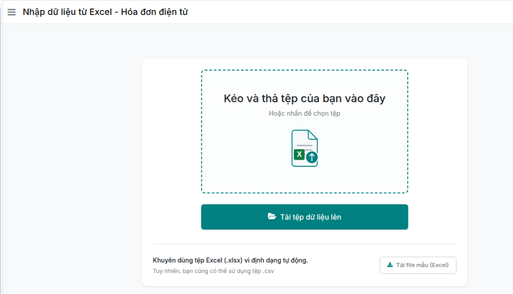 Giao diện tải tệp dữ liệu Excel lên hệ thống