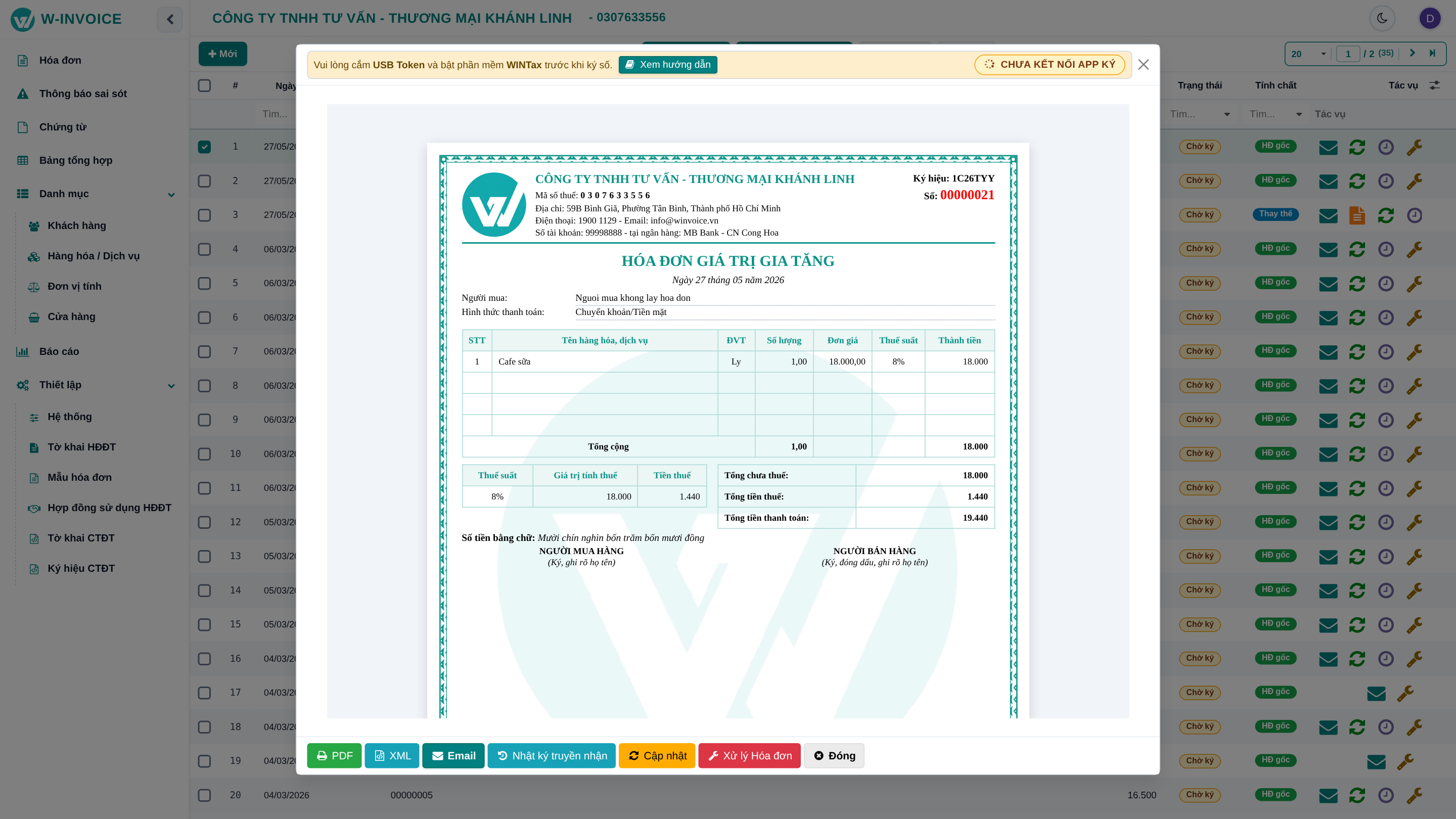 Cửa sổ xem trước và Ký phát hành Hóa đơn W-INVOICE